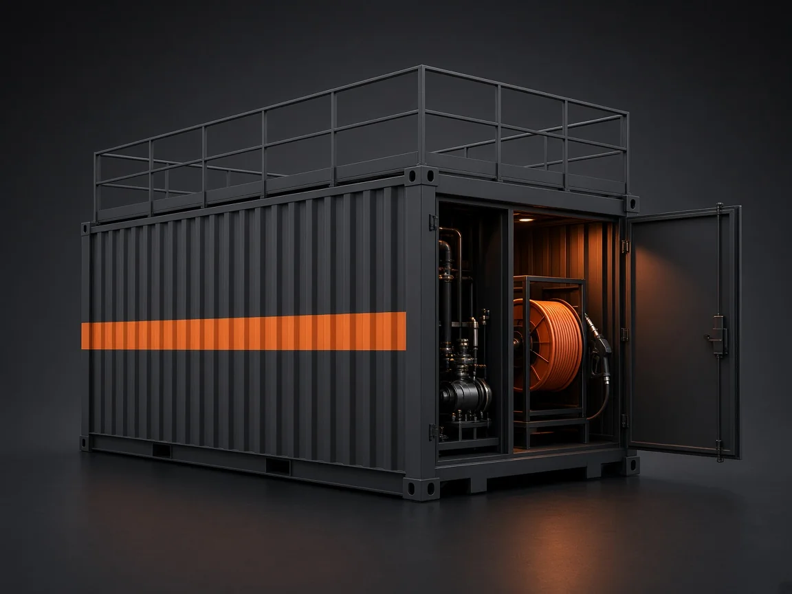 Self-bunded container fuel tank with its pump and hose reel cabinet open